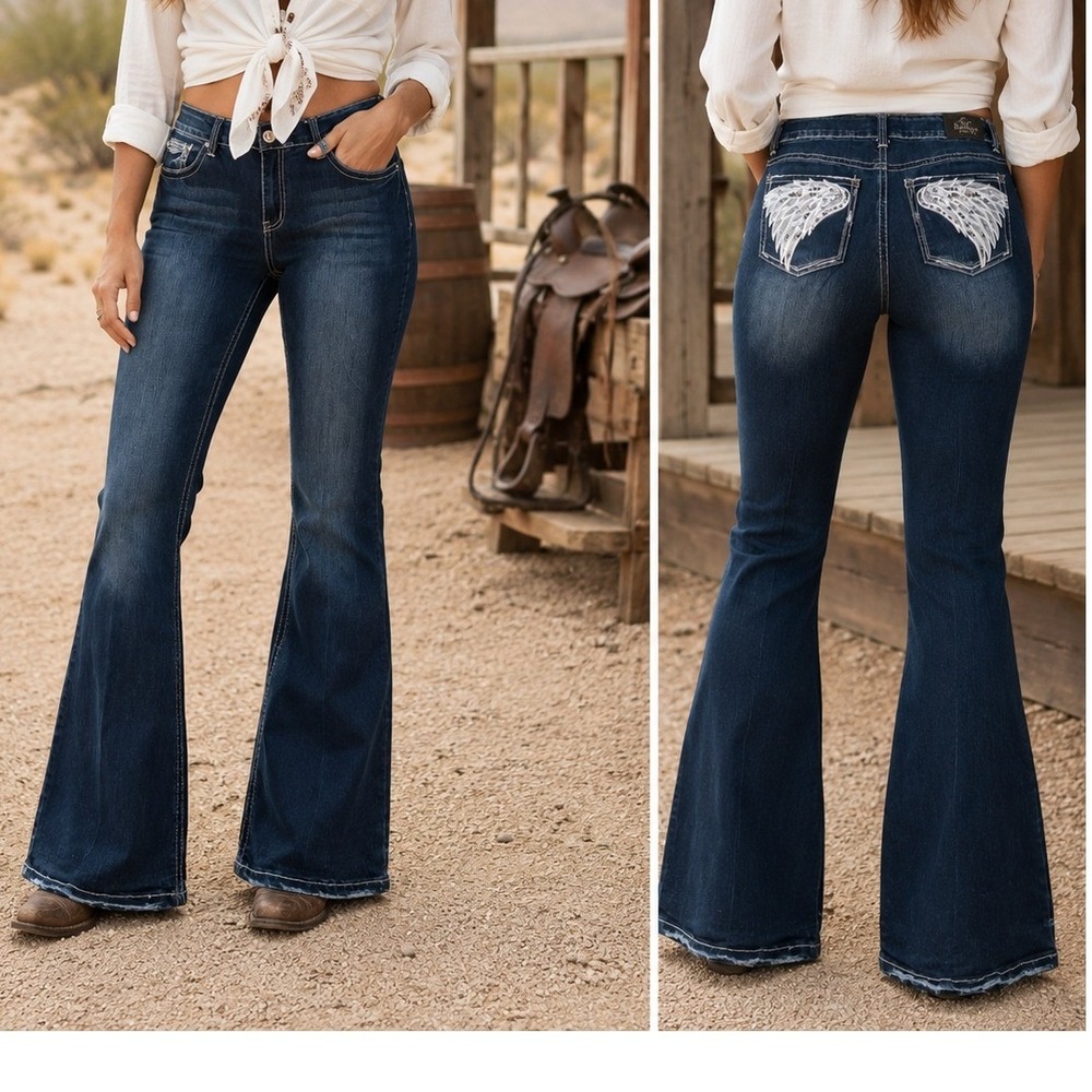 Love Indigo Premium Womens 16 Flare Jeans Dark Wash Sequined Wing Back Pocket